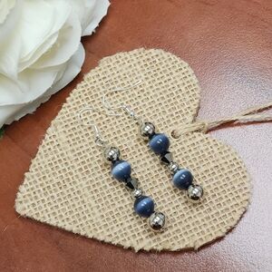 Dangle Drop Earrings With Blue & Black Cat's Eye, Crystal and Silver-Toned Beads